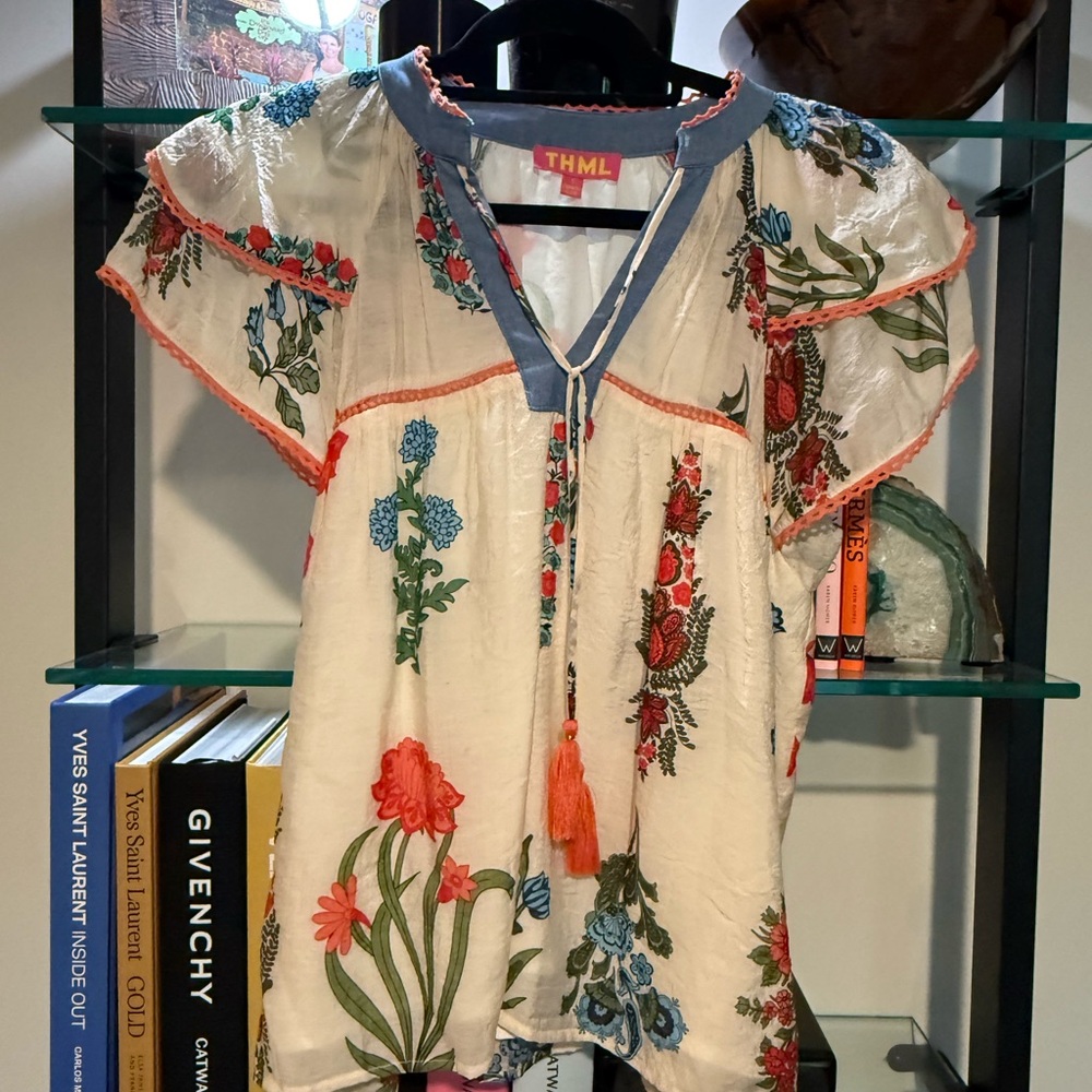 THML Embroidered Floral Blouse - Cream and Blue S006